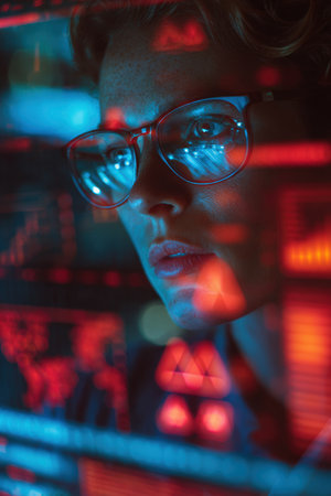 A financial analyst wearing glasses types in a high-tech workspace. Holographic red warning symbols float around, illuminated by blue ambient light, emphasizing their focused expression.の素材