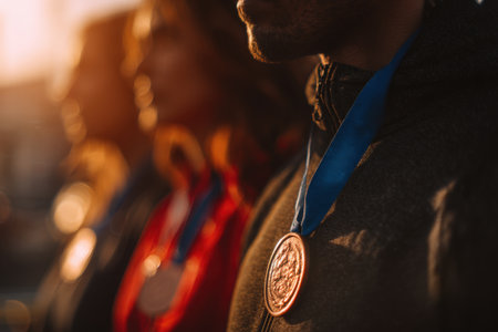 A group of athletes stands in a row, proudly displaying their medals. The image features a cinematic shallow depth of field and warm sunlight tones, highlighting detailed realism.の素材