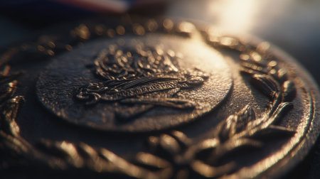 A macro cinematic shot highlighting the intricate texture of an engraved medal. The soft sunlight glow and shallow depth of field create a storytelling victory detail.の素材