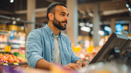 A man with a trimmed beard and tan skin uses a digital self-checkout in a grocery store. He wears a light blue shirt, with colorful store aisles in the background.の素材