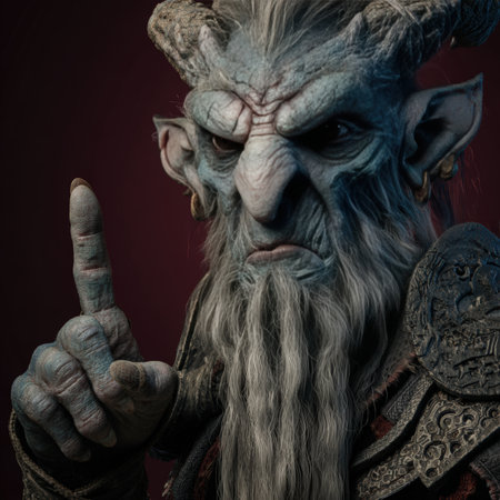 A detailed fantasy creature with horns and a long beard poses dramatically against a dark background, exuding an aura of mystery and ancient wisdom. Perfect for fantasy themes.の素材