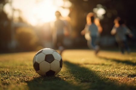 A soccer ball rolls across a green field as kids run behind in bright morning light. The image captures cinematic motion blur, emphasizing action and excitement in a sports setting.の素材