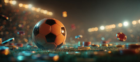 A soccer ball hovers over a virtual football field surrounded by poker chips and glowing coins, blending sports and technology in a vibrant, digitally realistic scene.の素材