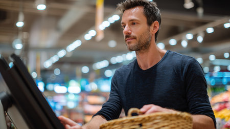 A man with short dark hair and a trimmed beard uses a touchscreen self-checkout terminal in a modern supermarket. The scene is enhanced by bokeh lights, creating a realistic lifestyle setting.の素材