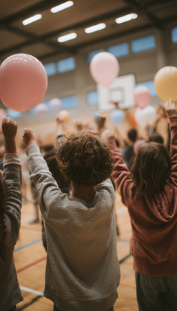 Children enthusiastically cheer for their classmates in a school gym during a youth tournament. The scene is adorned with handmade posters and balloons, creating a warm, friendly atmosphere.の素材