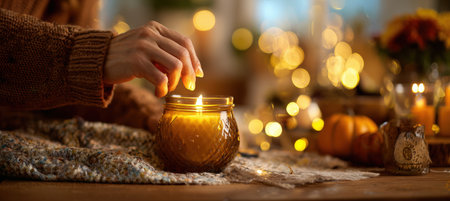 A woman lights a pumpkin-scented candle in her living room, surrounded by soft bokeh lights and cozy fall decor. The image captures photorealistic detail and warmth, evoking autumnal comfort.の素材