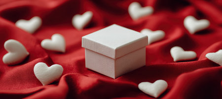 Aesthetic minimalist photo featuring a white gift box surrounded by red hearts on soft red fabric. The romantic composition is captured in soft focus, creating a dreamy ambiance.の素材