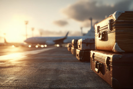 High-detail image of an airport runway with suitcases bathed in golden light. An airplane is visible in the background, creating a cinematic travel storytelling atmosphere.の素材