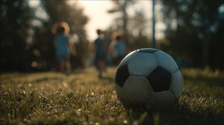 Cinematic macro shot of a soccer ball on grass with blurred children running in the background. The warm lighting creates a storytelling sports atmosphere, highlighting youthful energy.の素材