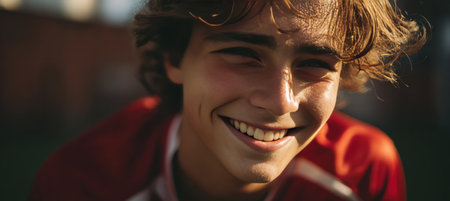 Close-up portrait of a smiling young soccer player wearing a red jersey. Sunlight highlights the face, capturing a moment of cinematic emotional realism in an outdoor setting.の素材