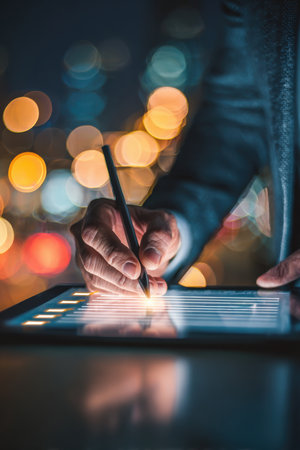 A businessman uses a stylus to check tasks off a glowing list projected from a tablet. The image features soft bokeh lighting and cinematic clarity, highlighting modern productivity.の素材