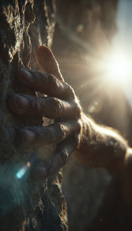Close-up image of a climber's hand gripping a rock, reaching to assist a partner. Sunlight flares in the background, highlighting teamwork and outdoor adventure in a cinematic style.の素材