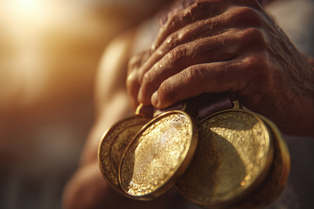 Close-up of hands holding gold and bronze medals, capturing the emotional celebration in bright sunlight. The image showcases detailed realism and cinematic sports photography.の素材