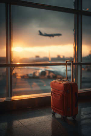 A cinematic travel scene featuring luggage near a terminal window with an airplane visible outside. The warm, glowing light creates a serene and inviting atmosphere.の素材