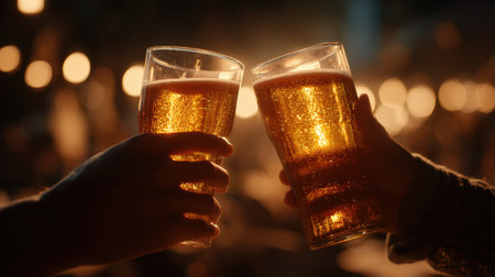 Cinematic close-up of hands holding beer glasses mid-toast, with golden liquid glowing warmly under soft lighting, creating a storytelling atmosphere.の素材