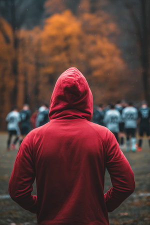 A coach in a red hoodie watches players warm up on a field surrounded by a vibrant autumn forest. Captured in a realistic sports photography style with a wide-angle cinematic view.の素材