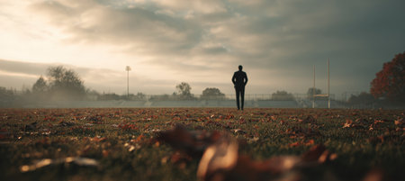 A solitary football coach stands across a wide open field, surrounded by scattered autumn leaves. The scene is captured in soft, cinematic light, evoking a sense of poetic minimalism.の素材