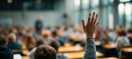 A student raises their hand in a university lecture hall, with a professor blurred in the background. The scene captures a calm academic atmosphere with natural lighting.の素材