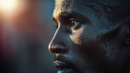 Close-up side view of a runner's profile illuminated by the morning sun. The image captures detailed lighting and natural tones, creating a cinematic sports portrait.の素材