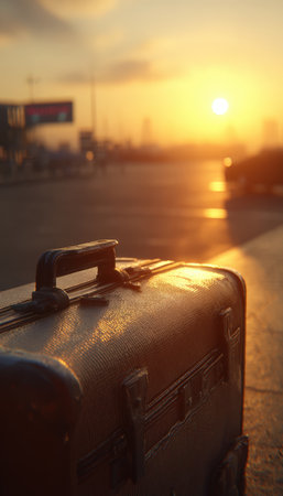 A cinematic close-up of a suitcase under a golden sunrise at an airport. The image captures the anticipation and departure mood with realistic depth and lighting.の素材