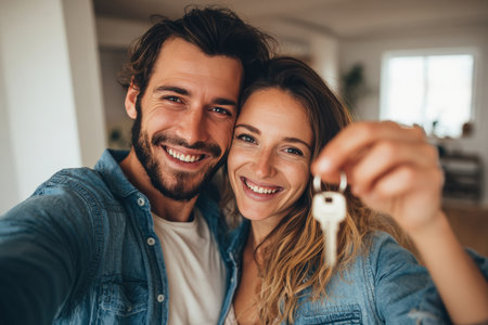 A joyful couple smiles brightly while holding a key, symbolizing their new home. The image captures cinematic realism with a clean, modern composition and warm, optimistic tones.の素材