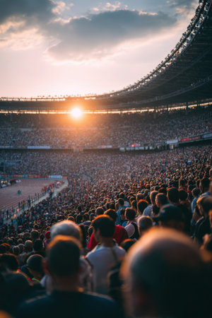 A large crowd disperses from a stadium after a race, bathed in a warm evening glow. The scene captures a calm, satisfied atmosphere with a cinematic storytelling feel.の素材