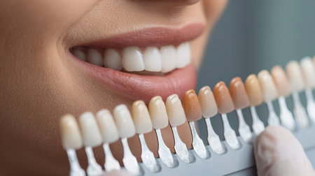 Close-up of a person comparing teeth shades using a color palette in a dental clinic. The image highlights a clean, bright smile, showcasing professional dental aesthetics.の素材