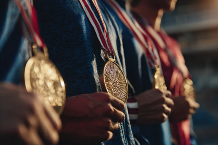 A group of athletes proudly display gold medals, with sunlight reflecting off them. They wear blue and red uniforms, capturing a cinematic celebration in a detailed close-up.の素材