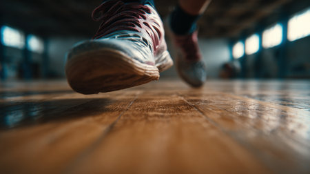 Cinematic close-up of futsal sneakers sliding across a wooden floor, capturing dynamic energy and motion with a shallow depth of field in sports photography.の素材
