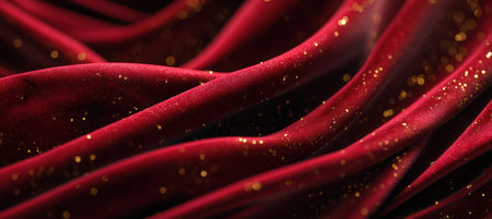 High-resolution close-up of red velvet fabric featuring subtle folds and golden sparkle dust. Captures a luxurious holiday texture with dramatic soft lighting, perfect for festive themes.の素材
