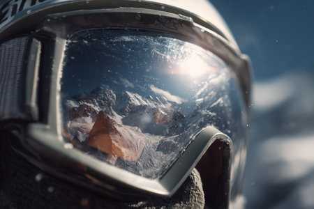 Cinematic macro shot of snow goggles reflecting majestic mountain peaks. Captured in bright sunlight with cold blue tones, showcasing detailed realism and outdoor adventure.の素材