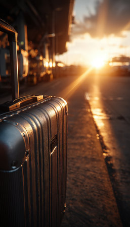A close-up of a suitcase under a golden sunrise at an airport, capturing the anticipation of travel with cinematic depth and realism.の素材