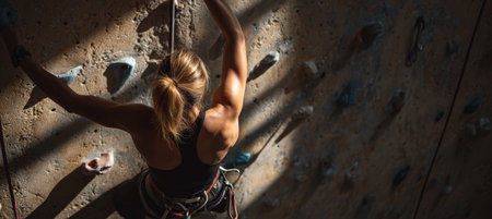 A woman climbs an indoor rock wall, showcasing strength and focus. Captured from above, the image highlights her harness and gear, emphasizing the realism of active sports.の素材