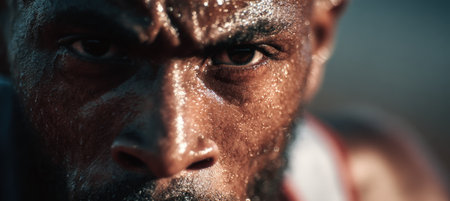 Close-up of a sprinter's intense expression mid-stride, with sweat glistening under sunlight. Captures high-speed sports realism and cinematic focus.の素材
