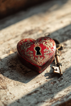 Detailed artistic composition featuring a red heart-shaped lock with intricate designs, accompanied by a vintage key on a wooden background, illuminated by sunlight, symbolizing romance.の素材