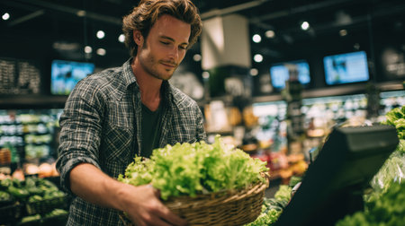 A man with brown hair scans lettuce at a self-checkout in a vibrant grocery store. The cinematic tone and shallow depth of field create a focused and engaging atmosphere.の素材