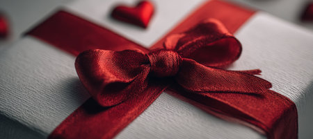 Close-up image of a red satin bow tied on a gift box, featuring a shiny heart decoration. The minimalist luxury design is captured in cinematic macro detail.の素材