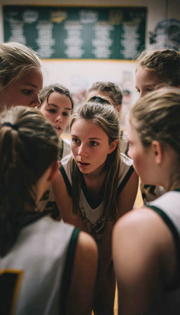 Teen girls' basketball team gathers around their coach in an indoor gym, listening attentively before a match. A motivational banner hangs in the background, capturing a moment of focus.の素材