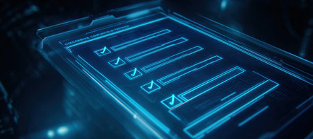 A holographic user interface displays a completed checklist, showcasing a futuristic concept of digital achievement with cinematic depth lighting effects.の素材