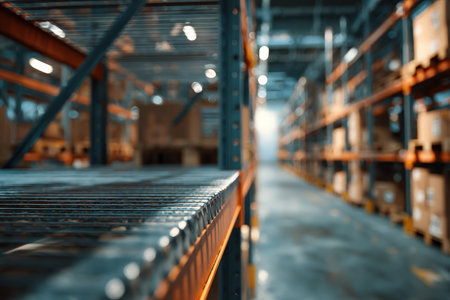 Empty metal shelving in a warehouse setting with a shallow depth of field. Blurred boxes in the background create a minimalist industrial tone and cinematic photo composition.の素材