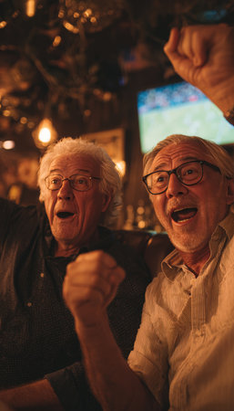 Two retired friends joyfully cheer while watching a televised football match in a bar with warm, nostalgic lighting, capturing a lively and joyful lifestyle moment.の素材