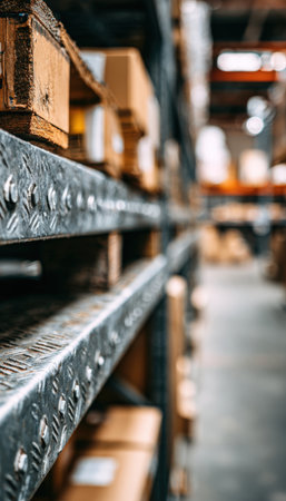 Macro photograph highlighting the textured surface of a metal shelf in an industrial setting. The background features blurred boxes, emphasizing the minimalistic focus on texture.の素材