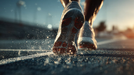 Dynamic macro photo capturing a runner's shoes hitting the track, enhanced by sunlight reflections and motion blur. The dramatic tone emphasizes speed and athleticism.の素材