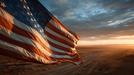 The United States flag waves gracefully in a gentle breeze as the sunrise casts orange and blue hues over open plains. Captured in high-definition, the scene exudes atmospheric realism.の素材