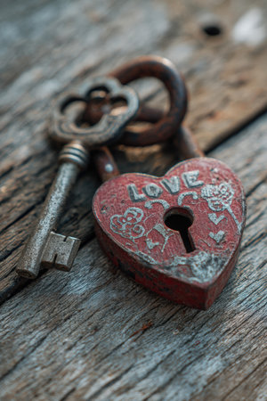 A detailed macro shot of a heart-shaped love lock and vintage key on a textured wooden background, captured in soft morning light. The image evokes themes of love and nostalgia.の素材