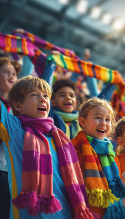 Energetic kids waving colorful team scarves and cheering in a youth football stadium. The vibrant scene captures the excitement and school spirit in a lively sports atmosphere.の素材