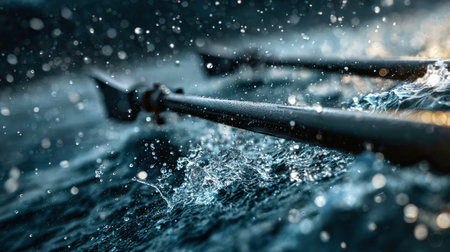 Ultra-realistic macro shot capturing oars slicing through water, with droplets suspended in midair. The image showcases crisp focus and detailed texture, highlighting sports dynamics.の素材