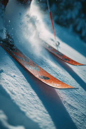 A dynamic close-up of ski tips cutting through soft powder snow, showcasing elegant color balance and motion texture. Captures the essence of winter sports with cinematic detail.の素材