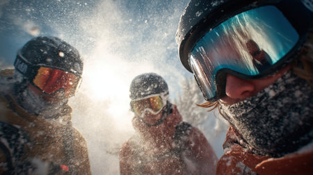 Three friends enjoy a thrilling snowboarding adventure, surrounded by powder spray. Sunlight reflects off their goggles, creating a cinematic winter atmosphere full of energy.の素材