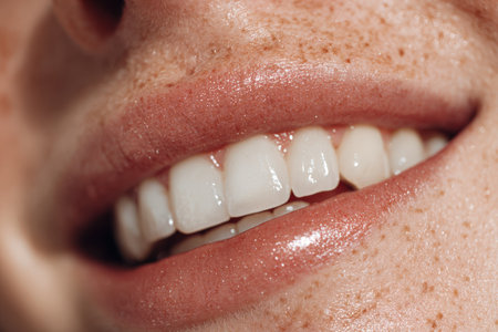 Aesthetic close-up of a mouth showcasing sparkling white teeth and natural makeup. Captured in neutral tones with cinematic beauty lighting, highlighting skin texture and lip gloss.の素材